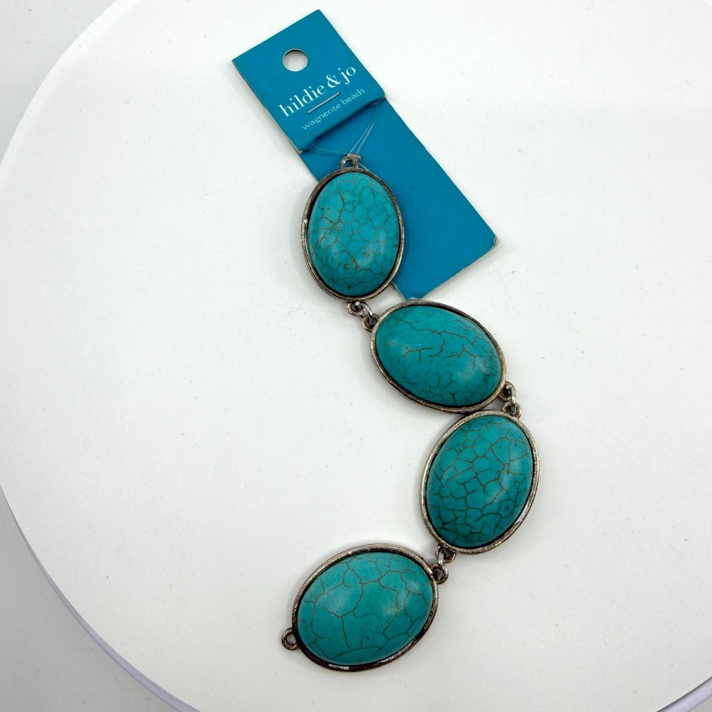 Hildie & Jo Turquoise Blue Wagnerite Oval Bead Links Silver Tone Jewelry Making